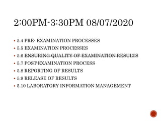  5.4 PRE- EXAMINATION PROCESSES
 5.5 EXAMINATION PROCESSES
 5.6 ENSURING QUALITY OF EXAMINATION RESULTS
 5.7 POST-EXAMINATION PROCESS
 5.8 REPORTING OF RESULTS
 5.9 RELEASE OF RESULTS
 5.10 LABORATORY INFORMATION MANAGEMENT
 