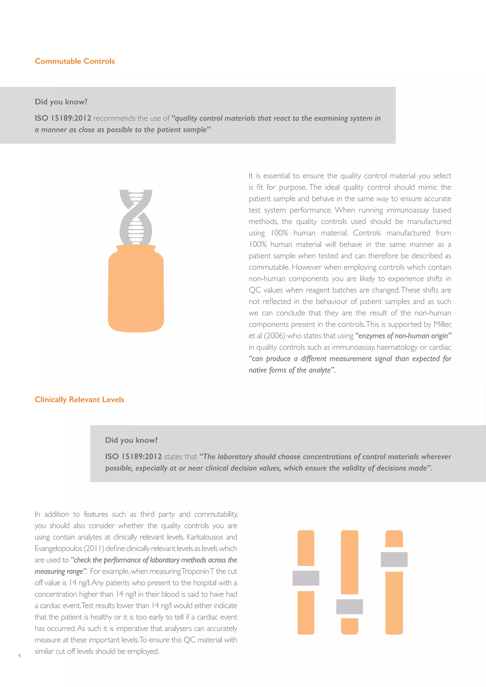4
Clinically Relevant Levels
Did you know?
ISO 15189:2012 states that “The laboratory should choose concentrations of control materials wherever
possible, especially at or near clinical decision values, which ensure the validity of decisions made”.
In addition to features such as third party and commutability,
you should also consider whether the quality controls you are
using contain analytes at clinically relevant levels. Karkalousos and
Evangelopoulos(2011)defineclinicallyrelevantlevelsaslevelswhich
are used to “check the performance of laboratory methods across the
measuring range”. For example,when measuringTroponinT the cut
off value is 14 ng/l.Any patients who present to the hospital with a
concentration higher than 14 ng/l in their blood is said to have had
a cardiac event.Test results lower than 14 ng/l would either indicate
that the patient is healthy or it is too early to tell if a cardiac event
has occurred.As such it is imperative that analysers can accurately
measure at these important levels.To ensure this QC material with
similar cut off levels should be employed.
Commutable Controls
Did you know?
ISO 15189:2012 recommends the use of “quality control materials that react to the examining system in
a manner as close as possible to the patient sample”
It is essential to ensure the quality control material you select
is fit for purpose. The ideal quality control should mimic the
patient sample and behave in the same way to ensure accurate
test system performance. When running immunoassay based
methods, the quality controls used should be manufactured
using 100% human material. Controls manufactured from
100% human material will behave in the same manner as a
patient sample when tested and can therefore be described as
commutable. However when employing controls which contain
non-human components you are likely to experience shifts in
QC values when reagent batches are changed.These shifts are
not reflected in the behaviour of patient samples and as such
we can conclude that they are the result of the non-human
components present in the controls.This is supported by Miller,
et al (2006) who states that using “enzymes of non-human origin”
in quality controls such as immunoassay, haematology or cardiac
“can produce a different measurement signal than expected for
native forms of the analyte”.
 