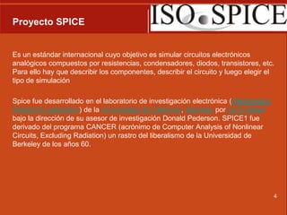 Proyecto SPICEEs un estándar internacional cuyo objetivo es simular circuitos electrónicos analógicos compuestos por resistencias, condensadores, diodos, transistores, etc. Para ello hay que describir los componentes, describir el circuito y luego elegir el tipo de simulaciónSpice fue desarrollado en el laboratorio de investigación electrónica (ElectronicsResearchLaboratory) de la Universidad de California, Berkeley por Larry Nagel bajo la dirección de su asesor de investigación Donald Pederson. SPICE1 fue derivado del programa CANCER (acrónimo de ComputerAnalysis of NonlinearCircuits, ExcludingRadiation) un rastro del liberalismo de la Universidad de Berkeley de los años 60.4