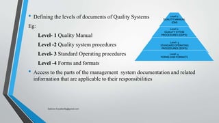 • Defining the levels of documents of Quality Systems
Eg:
Level- 1 Quality Manual
Level -2 Quality system procedures
Level- 3 Standard Operating procedures
Level -4 Forms and formats
• Access to the parts of the management system documentation and related
information that are applicable to their responsibilities
Level-1
QUALITY MANUAL
(QM)
Level-2
QUALITY SYTEM
PROCEDURES (QSP'S)
Level- 3
STANDARDOPERATING
PROCEDURES (SOP'S)
Level- 4
FORMS AND FORMATS
Saikiran.Koyalkar89@gmail.com
 