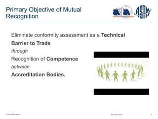 © ASTM International 12
Primary Objective of Mutual
Recognition
Eliminate conformity assessment as a Technical
Barrier to Trade
through
Recognition of Competence
between
Accreditation Bodies.
29 January 2015
 