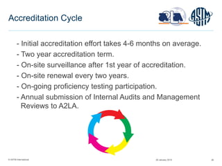 © ASTM International 26
Accreditation Cycle
- Initial accreditation effort takes 4-6 months on average.
- Two year accreditation term.
- On-site surveillance after 1st year of accreditation.
- On-site renewal every two years.
- On-going proficiency testing participation.
- Annual submission of Internal Audits and Management
Reviews to A2LA.
29 January 2015
 
