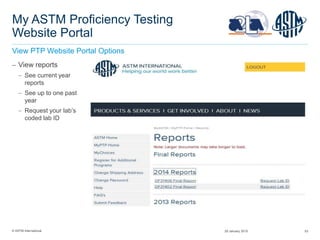 © ASTM International 53
My ASTM Proficiency Testing
Website Portal
View PTP Website Portal Options
 View reports
 See current year
reports
 See up to one past
year
 Request your lab’s
coded lab ID
29 January 2015
 