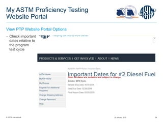 © ASTM International 54
My ASTM Proficiency Testing
Website Portal
View PTP Website Portal Options
 Check important
dates relative to
the program
test cycle
29 January 2015
 