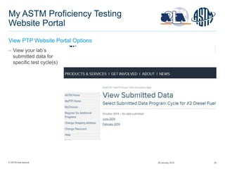 © ASTM International 55
My ASTM Proficiency Testing
Website Portal
View PTP Website Portal Options
 View your lab’s
submitted data for
specific test cycle(s)
29 January 2015
 