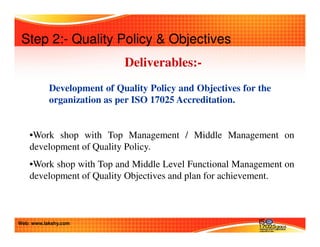 Step 2:- Quality Policy  Objectives 
Deliverables:- 
Development of Quality Policy and Objectives for the 
organization as per ISO 17025 Accreditation. 
•Work shop with Top Management / Middle Management on 
development of Quality Policy. 
•Work shop with Top and Middle Level Functional Management on 
development of Quality Objectives and plan for achievement. 
Web: www.lakshy.com 
 