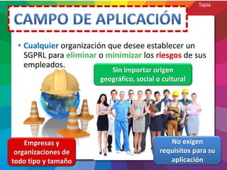 • Cualquier organización que desee establecer un
SGPRL para eliminar o minimizar los riesgos de sus
empleados.
No exigen
requisitos para su
aplicación
Empresas y
organizaciones de
todo tipo y tamaño
Sin importar origen
geográfico, social o cultural
Tapia
 