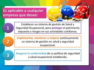Es aplicable a cualquier
empresa que desee:
Establecer un sistema de gestión de Salud y
Seguridad Ocupacional, para proteger el patrimonio
expuesto a riesgos en sus actividades cotidianas.
Implementar, mantener y mejorar continuamente
un sistema de gestión en salud y seguridad
ocupacional.
Asegurar la conformidad de su política de seguridad
y salud ocupacional establecida.
1
2
3
 