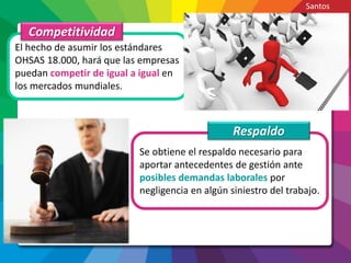 El hecho de asumir los estándares
OHSAS 18.000, hará que las empresas
puedan competir de igual a igual en
los mercados mundiales.
Competitividad
Se obtiene el respaldo necesario para
aportar antecedentes de gestión ante
posibles demandas laborales por
negligencia en algún siniestro del trabajo.
Respaldo
Santos
 