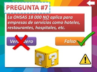 La OHSAS 18 000 NO aplica para
empresas de servicios como hoteles,
restaurantes, hospitales, etc.
Verdadero Falso
 