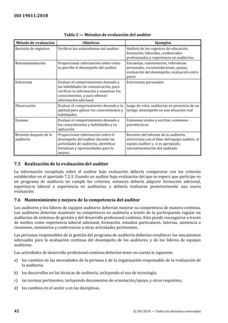 ISO 19011:2018
42 © ISO 2018 — Todos los derechos reservados
Tabla 2 — Métodos de evaluación del auditor
Método de evaluación Objetivos Ejemplos
Revisión de registros Verificar los antecedentes del auditor Análisis de los registros de educación,
formación, laborales, credenciales
profesionales y experiencia en auditorías
Retroalimentación Proporcionar información sobre cómo
se percibe el desempeño del auditor
Encuestas, cuestionarios, referencias
personales, recomendaciones, quejas,
evaluación del desempeño, evaluación entre
pares
Entrevista Evaluar el comportamiento deseado y
las habilidades de comunicación, para
verificar la información y examinar los
conocimientos, y para obtener
información adicional
Entrevistas personales
Observación Evaluar el comportamiento deseado y la
aptitud para aplicar los conocimientos y
habilidades
Juego de roles, auditorías en presencia de un
testigo, desempeño en una situación real
Examen Evaluar el comportamiento deseado y
los conocimientos y habilidades y su
aplicación
Exámenes orales y escritos, exámenes
psicotécnicos
Revisión después de la
auditoría
Proporcionar información sobre el
desempeño del auditor durante las
actividades de auditoría, identificar
fortalezas y oportunidades para la
mejora
Revisión del informe de la auditoría,
entrevistas con el líder del equipo auditor, el
equipo auditor y, si es apropiado,
retroalimentación del auditado
7.5 Realización de la evaluación del auditor
La información recopilada sobre el auditor bajo evaluación debería compararse con los criterios
establecidos en el apartado 7.2.3. Cuando un auditor bajo evaluación del que se espera que participe en
un programa de auditoría no cumple los criterios, entonces debería adquirir formación adicional,
experiencia laboral o experiencia en auditorías, y debería realizarse posteriormente una nueva
evaluación.
7.6 Mantenimiento y mejora de la competencia del auditor
Los auditores y los líderes de equipos auditores deberían mejorar su competencia de manera continua.
Los auditores deberían mantener su competencia en auditoría a través de la participación regular en
auditorías de sistemas de gestión y del desarrollo profesional continuo. Esto puede conseguirse a través
de medios como experiencia laboral adicional, formación, estudios particulares, tutorías, asistencia a
reuniones, seminarios y conferencias u otras actividades pertinentes.
Las personas responsables de la gestión del programa de auditoría deberían establecer los mecanismos
adecuados para la evaluación continua del desempeño de los auditores, y de los líderes de equipos
auditores.
Las actividades de desarrollo profesional continuo deberían tener en cuenta lo siguiente:
a) los cambios en las necesidades de la persona y de la organización responsable de la realización de
la auditoría;
b) los desarrollos en las técnicas de auditoría, incluyendo el uso de tecnología;
c) las normas pertinentes, incluyendo documentos de orientación/apoyo, y otros requisitos;
d) los cambios en el sector o en las disciplinas.
 