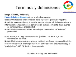 ISO 9001 2015 Ing Jose Szarfman29
Términos y definiciones
Riesgo (Calidad / Ambiente)
Efecto de la incertidumbre de un resultado esperado.
Nota 1: Un efecto es una desviación de lo esperado - positivo o negativo.
Nota 2: La incertidumbre es el estado, aunque sea parcial, de la carencia de la
información en relación con la comprensión o el conocimiento de un evento,
su consecuencia, o probabilidad.
Nota 3: El riesgo se caracteriza a menudo por referencia a los "eventos"
potenciales
(Guía ISO 73, 3.5.1.3) y "consecuencias" (Guía ISO 73, 3.6.1.3), o una
combinación de éstos.
Nota 4: El riesgo se expresa a menudo en términos de una combinación de las
consecuencias de un evento (incluidos los cambios en las circunstancias) y la
"probabilidad" (ISO 73, 3.6.1.1) de ocurrencia.
 