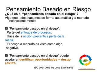 ISO 9001 2015 Ing Jose Szarfman43
Pensamiento Basado en Riesgo
¿Qué es el “pensamiento basado en el riesgo”?
Algo que todos hacemos de forma automática y a menudo
inconscientemente.
El “Pensamiento basado en el riesgo”:
Parte del enfoque de procesos.
Hace de la acción preventiva parte de la
rutina.
El riesgo a menudo es visto como algo
negativo.
El “Pensamiento basado en el riesgo” puede
ayudar a identificar oportunidades = riesgo
positivo.
 