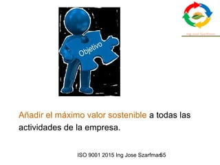 ISO 9001 2015 Ing Jose Szarfman55
Añadir el máximo valor sostenible a todas las
actividades de la empresa.
 