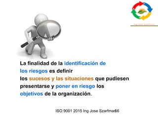 ISO 9001 2015 Ing Jose Szarfman56
La finalidad de la identificación de
los riesgos es definir
los sucesos y las situaciones que pudiesen
presentarse y poner en riesgo los
objetivos de la organización.
 