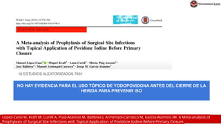 López-Cano M, Kraft M, Curell A, Puig-Asensio M, Balibrea J, Armengol-Carrasco M, García-Alamino JM. A Meta-analysis of
Prophylaxis of Surgical Site Infections with Topical Application of Povidone Iodine Before Primary Closure.
16 ESTUDIOS ALEATORIZADOS 7601
NO HAY EVIDENCIA PARA EL USO TÓPICO DE YODOPOVIDONA ANTES DEL CIERRE DE LA
HERIDA PARA PREVENIR ISO
 
