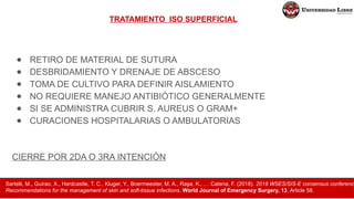 TRATAMIENTO ISO SUPERFICIAL
● RETIRO DE MATERIAL DE SUTURA
● DESBRIDAMIENTO Y DRENAJE DE ABSCESO
● TOMA DE CULTIVO PARA DEFINIR AISLAMIENTO
● NO REQUIERE MANEJO ANTIBIÓTICO GENERALMENTE
● SI SE ADMINISTRA CUBRIR S. AUREUS O GRAM+
● CURACIONES HOSPITALARIAS O AMBULATORIAS
CIERRE POR 2DA O 3RA INTENCIÓN
Sartelli, M., Guirao, X., Hardcastle, T. C., Kluger, Y., Boermeester, M. A., Raşa, K., … Catena, F. (2018). 2018 WSES/SIS-E consensus conference
Recommendations for the management of skin and soft-tissue infections. World Journal of Emergency Surgery, 13, Article 58.
 