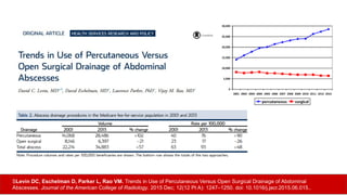 SLevin DC, Eschelman D, Parker L, Rao VM. Trends in Use of Percutaneous Versus Open Surgical Drainage of Abdominal
Abscesses. Journal of the American College of Radiology. 2015 Dec; 12(12 Pt A): 1247–1250. doi: 10.1016/j.jacr.2015.06.015..
 