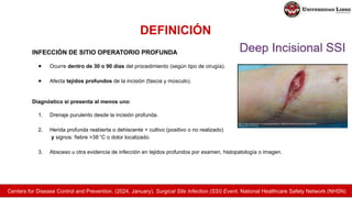DEFINICIÓN
INFECCIÓN DE SITIO OPERATORIO PROFUNDA
● Ocurre dentro de 30 o 90 días del procedimiento (según tipo de cirugía).
● Afecta tejidos profundos de la incisión (fascia y músculo).
Diagnóstico si presenta al menos uno:
1. Drenaje purulento desde la incisión profunda.
2. Herida profunda reabierta o dehiscente + cultivo (positivo o no realizado)
y signos: fiebre >38°C o dolor localizado.
3. Absceso u otra evidencia de infección en tejidos profundos por examen, histopatología o imagen.
Centers for Disease Control and Prevention. (2024, January). Surgical Site Infection (SSI) Event. National Healthcare Safety Network (NHSN)
 
