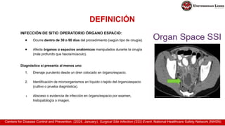 DEFINICIÓN
INFECCIÓN DE SITIO OPERATORIO ÓRGANO ESPACIO:
● Ocurre dentro de 30 o 90 días del procedimiento (según tipo de cirugía).
● Afecta órganos o espacios anatómicos manipulados durante la cirugía
(más profundo que fascia/músculo).
Diagnóstico si presenta al menos uno:
1. Drenaje purulento desde un dren colocado en órgano/espacio.
2. Identificación de microorganismos en líquido o tejido del órgano/espacio
(cultivo o prueba diagnóstica).
3. Absceso o evidencia de infección en órgano/espacio por examen,
histopatología o imagen.
Centers for Disease Control and Prevention. (2024, January). Surgical Site Infection (SSI) Event. National Healthcare Safety Network (NHSN)
 