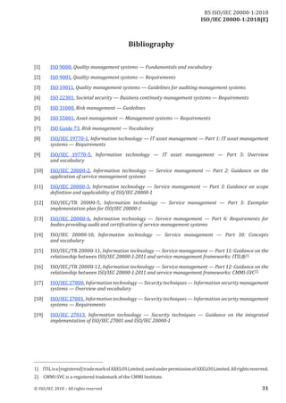 ISO/IEC 20000-1:2018(E)
Bibliography
[1] ISO 9000, Quality managementsystems — Fundamentals and vocabulary
[2] ISO 9001, Quality managementsystems — Requirements
[3] ISO 19011, Quality managementsystems — Guidelines for auditing managementsystems
[4] ISO 22301, Societal security — Business continuity managementsystems — Requirements
[5] ISO 31000, Risk management— Guidelines
[6] ISO 55001, Assetmanagement— Managementsystems — Requirements
[7] ISO Guide 73, Risk management— Vocabulary
[8] ISO/IEC 19770‑1, Information technology — ITasset management — Part 1: ITasset management
systems — Requirements
[9] ISO/IEC 19770‑5, Information technology — IT asset management — Part 5: Overview
and vocabulary
[10] ISO/IEC 20000‑2, Information technology — Service management — Part 2: Guidance on the
application ofservice managementsystems
[11] ISO/IEC 20000‑3, Information technology — Service management — Part 3: Guidance on scope
definition and applicability ofISO/IEC 20000-1
[12] ISO/IEC/TR 20000‑5, Information technology — Service management — Part 5: Exemplar
implementation plan for ISO/IEC 20000-1
[13] ISO/IEC 20000‑6, Information technology — Service management — Part 6: Requirements for
bodies providing audit and certification ofservice management systems
[14] ISO/IEC 20000‑10, Information technology — Service management — Part 10: Concepts
and vocabulary
[15] ISO/IEC/TR 20000‑11, Information technology — Service management— Part11: Guidance on the
relationship between ISO/IEC 20000-1:2011 and service management frameworks: ITIL®1)
[16] ISO/IEC/TR 20000‑12, Information technology — Service management— Part12: Guidance on the
relationship between ISO/IEC 20000-1:2011 and service management frameworks: CMMI-SVC2)
[17] ISO/IEC 27000, Information technology—Securitytechniques—Information securitymanagement
systems — Overview and vocabulary
[18] ISO/IEC 27001, Information technology— Securitytechniques— Information securitymanagement
systems — Requirements
[19] ISO/IEC 27013, Information technology — Security techniques — Guidance on the integrated
implementation ofISO/IEC 27001 and ISO/IEC 20000-1
1) ITILis a[registered] trade markofAXELOS Limited, used underpermission ofAXELOS Limited. All rights reserved.
2) CMMI‑SVC is a registered trademark of the CMMI Institute.
© ISO/IEC 2018 – All rights reserved 31
BS ISO/IEC 20000‑1:2018
 