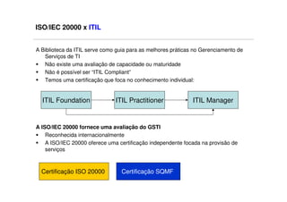 ISO/IEC 20000 x ITIL


A Biblioteca da ITIL serve como guia para as melhores práticas no Gerenciamento de
   Serviços de TI
   Não existe uma avaliação de capacidade ou maturidade
   Não é possível ser “ITIL Compliant”
   Temos uma certificação que foca no conhecimento individual:


  ITIL Foundation              ITIL Practitioner              ITIL Manager


A ISO/IEC 20000 fornece uma avaliação do GSTI
    Reconhecida internacionalmente
    A ISO/IEC 20000 oferece uma certificação independente focada na provisão de
    serviços



  Certificação ISO 20000         Certificação SQMF
 