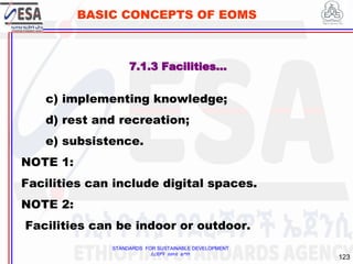 STANDARDS FOR SUSTAINABLE DEVELOPMENT
ደረጃዎች ለዘላቂ ልማት
123
BASIC CONCEPTS OF EOMS
c) implementing knowledge;
d) rest and recreation;
e) subsistence.
NOTE 1:
Facilities can include digital spaces.
NOTE 2:
Facilities can be indoor or outdoor.
7.1.3 Facilities…
 