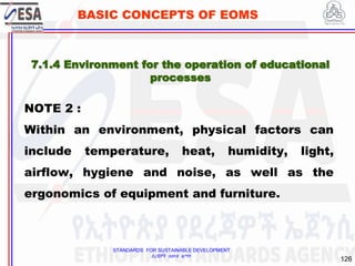 STANDARDS FOR SUSTAINABLE DEVELOPMENT
ደረጃዎች ለዘላቂ ልማት
126
BASIC CONCEPTS OF EOMS
NOTE 2 :
Within an environment, physical factors can
include temperature, heat, humidity, light,
airflow, hygiene and noise, as well as the
ergonomics of equipment and furniture.
7.1.4 Environment for the operation of educational
processes
 
