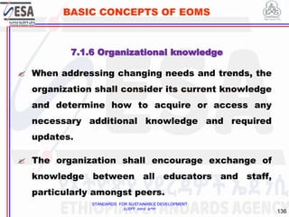 STANDARDS FOR SUSTAINABLE DEVELOPMENT
ደረጃዎች ለዘላቂ ልማት
136
BASIC CONCEPTS OF EOMS
 When addressing changing needs and trends, the
organization shall consider its current knowledge
and determine how to acquire or access any
necessary additional knowledge and required
updates.
 The organization shall encourage exchange of
knowledge between all educators and staff,
particularly amongst peers.
7.1.6 Organizational knowledge
 