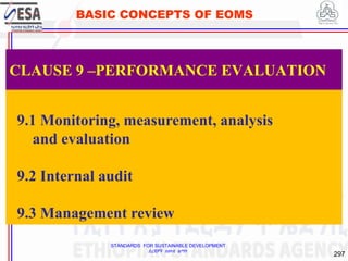 STANDARDS FOR SUSTAINABLE DEVELOPMENT
ደረጃዎች ለዘላቂ ልማት
297
BASIC CONCEPTS OF EOMS
CLAUSE 9 –PERFORMANCE EVALUATION
9.1 Monitoring, measurement, analysis
and evaluation
9.2 Internal audit
9.3 Management review
 