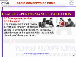 STANDARDS FOR SUSTAINABLE DEVELOPMENT
ደረጃዎች ለዘላቂ ልማት
323
BASIC CONCEPTS OF EOMS
9.3 Management review
9.3.1 General
Top management shall review the organization’s
EOMS and strategy, at planned intervals, to
ensure its continuing suitability, adequacy,
effectiveness and alignment with the strategic
direction of the organization.
CLAUSE 9 –PERFORMANCE EVALUATION
 