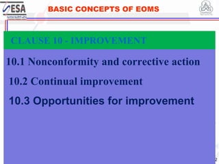 STANDARDS FOR SUSTAINABLE DEVELOPMENT
ደረጃዎች ለዘላቂ ልማት
332
BASIC CONCEPTS OF EOMS
10.1 Nonconformity and corrective action
10.2 Continual improvement
10.3 Opportunities for improvement
CLAUSE 10 - IMPROVEMENT
 