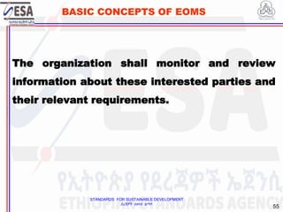 STANDARDS FOR SUSTAINABLE DEVELOPMENT
ደረጃዎች ለዘላቂ ልማት
55
BASIC CONCEPTS OF EOMS
The organization shall monitor and review
information about these interested parties and
their relevant requirements.
 