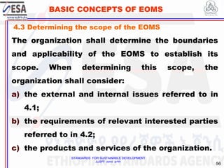 STANDARDS FOR SUSTAINABLE DEVELOPMENT
ደረጃዎች ለዘላቂ ልማት
56
BASIC CONCEPTS OF EOMS
4.3 Determining the scope of the EOMS
The organization shall determine the boundaries
and applicability of the EOMS to establish its
scope. When determining this scope, the
organization shall consider:
a) the external and internal issues referred to in
4.1;
b) the requirements of relevant interested parties
referred to in 4.2;
c) the products and services of the organization.
 