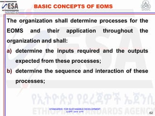 STANDARDS FOR SUSTAINABLE DEVELOPMENT
ደረጃዎች ለዘላቂ ልማት
62
BASIC CONCEPTS OF EOMS
The organization shall determine processes for the
EOMS and their application throughout the
organization and shall:
a) determine the inputs required and the outputs
expected from these processes;
b) determine the sequence and interaction of these
processes;
 