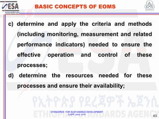 STANDARDS FOR SUSTAINABLE DEVELOPMENT
ደረጃዎች ለዘላቂ ልማት
63
BASIC CONCEPTS OF EOMS
c) determine and apply the criteria and methods
(including monitoring, measurement and related
performance indicators) needed to ensure the
effective operation and control of these
processes;
d) determine the resources needed for these
processes and ensure their availability;
 