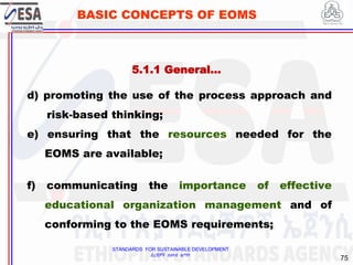 STANDARDS FOR SUSTAINABLE DEVELOPMENT
ደረጃዎች ለዘላቂ ልማት
75
BASIC CONCEPTS OF EOMS
d) promoting the use of the process approach and
risk-based thinking;
e) ensuring that the resources needed for the
EOMS are available;
f) communicating the importance of effective
educational organization management and of
conforming to the EOMS requirements;
5.1.1 General…
 