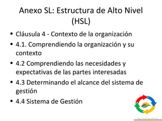 Anexo SL: Estructura de Alto Nivel
(HSL)
• Cláusula 6 – Planificación
• 6.1 Acciones para manejar riesgos y
oportunidades
...