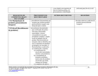 e sua relação com registros de
lotes de matérias-primas, de
processamento e distribuição.
suficiente para fins de recall.
REQUISITOS DO
COMMITTEE DRAFT
ISO/ CD 22000
PROCEDIMENTOS
DOCUMENTADOS
OUTROS DOCUMENTOS REGISTROS
7.5.4 Manipulação de
produtos potencialmente
inseguros
- procedimento documentado que
assegure que nenhum produto
potencialmente inseguro seja
fornecido para o cliente.
- decisões relativas a cada lote de
produtos potencialmente
inseguros
7.5.5 Recall (Recolhimento
de produtos)
- procedimento documentado
para notificação das partes
relevantes interessadas
(autoridades/ clientes/
consumidores) e/ou para
possibilitar completo e rápido
recall de qualquer lote do
produto final envolvido em
situações onde se identifica um
risco à segurança em produtos
já entregues (ao mercado). A
fim de facilitar o recall, deve
ser estabelecido o seguinte:
a) a notificação aos
envolvidos (autoridades/
clientes/ consumidores);
b) a manipulação de
produtos recolhidos,
assim como de produtos
envolvidos que ainda
estejam em estoque;
c) a seqüência de ações a
Direitos autorias e de reprodução são propriedade da Food Design Consultoria e Planejamento SC Ltda.
Ed. Angélica Trade Center - Av. Angélica, 2466, conjunto 71 – Higienópolis CEP 01228-200 – São Paulo – SP
Tel./ Fax: (11) 3120-6965 / 3120-6728
e-mail: fooddesign@fooddesign.com.br
www.fooddesign.com.br
13
 