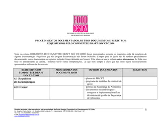 SISTEMAS DE GESTÃO DA QUALIDADE
EM ALIMENTOS E BEBIDAS
PROCEDIMENTOS DOCUMENTADOS, OUTROS DOCUMENTOS E REGISTROS
REQUISITADOS PELO COMMITTEE DRAFT ISO/ CD 22000
Nota: na coluna REQUISITOS DO COMMITTEE DRAFT ISO/ CD 22000 foram mencionados somente os requisitos onde há exigência de
alguma documentação. Requisitos que não exigem documentação não foram incluídos. Campos para os quais não há nenhum procedimento
documentado, outros documentos ou registros exigidos foram deixados em branco. Vale observar que a coluna outros documentos foi feita com
base no entendimento da autora, podendo haver outras interpretações, já que nem sempre é claro que tais itens sejam necessariamente
apresentados na forma de documento.
REQUISITOS DO
COMMITTEE DRAFT
ISO/ CD 22000
PROCEDIMENTOS
DOCUMENTADOS
OUTROS DOCUMENTOS REGISTROS
4.1 Requisitos
de documentação
- planos de HACCP
- programa de medidas de controle de
apoio
4.2.1 Geral - política da Segurança de Alimentos
- documentos necessários para
assegurar a implementação eficaz
do sistema de gestão da Segurança
de Alimentos
Direitos autorias e de reprodução são propriedade da Food Design Consultoria e Planejamento SC Ltda.
Ed. Angélica Trade Center - Av. Angélica, 2466, conjunto 71 – Higienópolis CEP 01228-200 – São Paulo – SP
Tel./ Fax: (11) 3120-6965 / 3120-6728
e-mail: fooddesign@fooddesign.com.br
www.fooddesign.com.br
5
 
