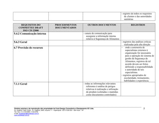 - registro de todos os requisitos
de clientes e das autoridades
sanitárias
REQUISITOS DO
COMMITTEE DRAFT
ISO/ CD 22000
PROCEDIMENTOS
DOCUMENTADOS
OUTROS DOCUMENTOS REGISTROS
5.4.2 Comunicação interna - canais de comunicação para
assegurar a informação interna
relativa à Segurança de Alimentos
5.6.3 Geral - registros das análises críticas
realizadas pela alta direção
6.7 Provisão de recursos - onde a assessoria de
especialistas externos à
organização for necessária
para a operação do sistema de
gestão da Segurança de
Alimentos, registros de tal
acordo devem ser feitos
definindo a responsabilidade
e autoridade de tais
especialistas.
- registros apropriados de
escolaridade, treinamento,
habilidades e experiência.
7.1.1 Geral - todas as informações relevantes
referentes à análise de perigos
relativas à realização e utilização
do produto (coletadas e mantidas
como documentos controlados)
Direitos autorias e de reprodução são propriedade da Food Design Consultoria e Planejamento SC Ltda.
Ed. Angélica Trade Center - Av. Angélica, 2466, conjunto 71 – Higienópolis CEP 01228-200 – São Paulo – SP
Tel./ Fax: (11) 3120-6965 / 3120-6728
e-mail: fooddesign@fooddesign.com.br
www.fooddesign.com.br
7
 