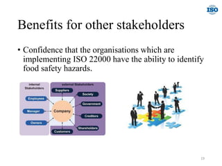 Benefits for other stakeholders
• Confidence that the organisations which are
implementing ISO 22000 have the ability to identify
food safety hazards.
19
 