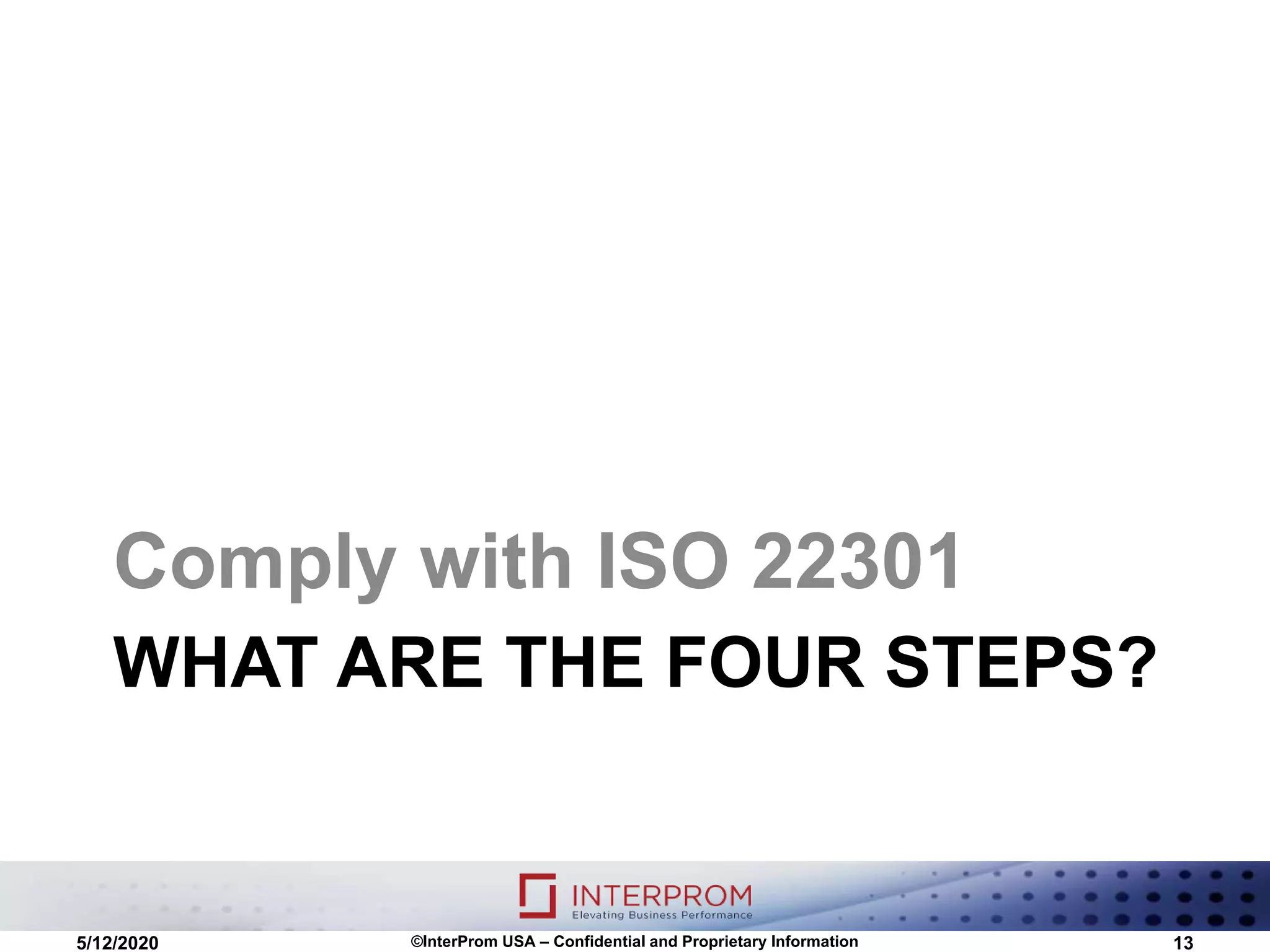 WHAT ARE THE FOUR STEPS?
Comply with ISO 22301
5/12/2020 ©InterProm USA – Confidential and Proprietary Information 13
 
