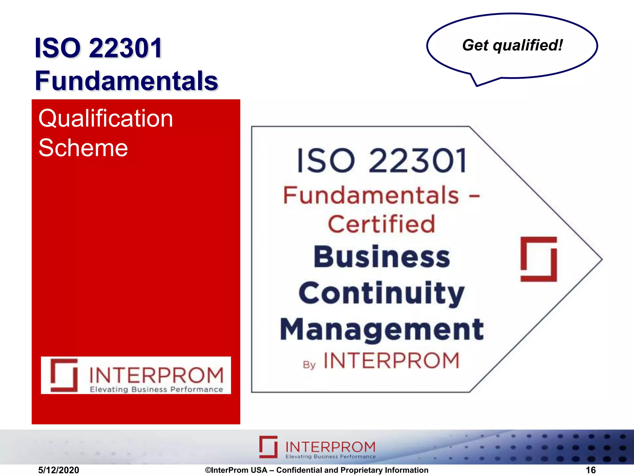 ISO 22301
Fundamentals
Qualification
Scheme
5/12/2020 ©InterProm USA – Confidential and Proprietary Information 16
Get qualified!
 