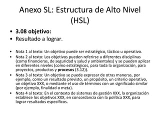 Anexo SL: Estructura de Alto Nivel
(HSL)
• 3.18 conformidad:
• Cumplimiento de un requisito (3.03).
• 3.19 no conformidad:...
