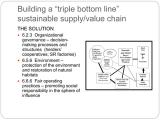 Building a “triple bottom line”
sustainable supply/value chain
THE SOLUTION
 6.2.3 Organizational
 governance – decision-
 making processes and
 structures (herders’
 cooperatives; SR factories)
 6.5.6 Environment –
 protection of the environment
 and restoration of natural
 habitats
 6.6.6 Fair operating
 practices – promoting social
 responsibility in the sphere of
 influence
 