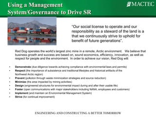 Using a Management
System/Governance to Drive SR

                                                    “Our social license to operate and our
                                                    responsibility as a steward of the land is a
    trust                                           that we continuously strive to uphold for
    the                                             benefit of future generations”.

    Red Dog operates the world’s largest zinc mine in a remote, Arctic environment. We believe that
    business growth and success are based on, sound economics, efficiency, innovation, as well as
    respect for people and the environment. In order to achieve our vision, Red Dog will:

•   Demonstrate (due diligence towards achieving compliance with environmental laws and permits)
•   Respect (the importance of subsistence and traditional lifestyles and historical artifacts of the
    Northwest Arctic region)
•   Prevent (pollution through waste minimization strategies and source reduction)
•   Minimize (the area impacted by mining activities)
•   Design (engineered structures for environmental impact during and after their usable life)
•   Foster (open communications with major stakeholders including NANA, employees and customers)
•   Implement (and maintain an Environmental Management System)
•   Strive (for continual improvement)




                    ENGINEERING AND CONSTRUCTING A BETTER TOMORROW
 