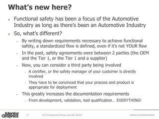 mentor.com/automotive
What’s new here?
 Functional safety has been a focus of the Automotive
Industry as long as there’s been an Automotive Industry
 So, what’s different?
— By writing down requirements necessary to achieve functional
safety, a standardized flow is defined, even if it’s not YOUR flow
— In the past, safety agreements were between 2 parties (the OEM
and the Tier 1, or the Tier 1 and a supplier)
— Now, you can consider a third party being involved
– A certifier, or the safety manager of your customer is directly
involved
– They have to be convinced that your process and product is
appropriate for deployment
— This greatly increases the documentation requirements
– From development, validation, tool qualification… EVERYTHING!
ECU Component Reuse and ISO 2626211
 