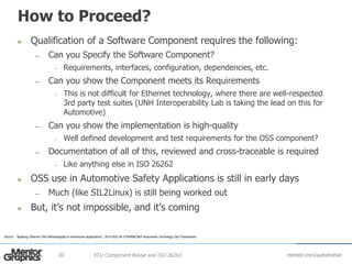 mentor.com/automotive
How to Proceed?
 Qualification of a Software Component requires the following:
— Can you Specify the Software Component?
– Requirements, interfaces, configuration, dependencies, etc.
— Can you show the Component meets its Requirements
– This is not difficult for Ethernet technology, where there are well-respected
3rd party test suites (UNH Interoperability Lab is taking the lead on this for
Automotive)
— Can you show the implementation is high-quality
– Well defined development and test requirements for the OSS component?
— Documentation of all of this, reviewed and cross-traceable is required
– Like anything else in ISO 26262
 OSS use in Automotive Safety Applications is still in early days
— Much (like SIL2Linux) is still being worked out
 But, it’s not impossible, and it’s coming
ECU Component Reuse and ISO 2626220
Source: “Applying Ethernet Test Methodologies to Automotive Applications”, 2014 IEEE-SA ETHERNET&IP Automotive Technology Day Presentation
 