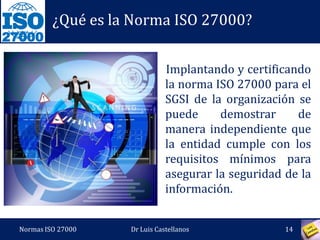 27000
¿Qué es la Norma ISO 27000?
Implantando y certificando
la norma ISO 27000 para el
SGSI de la organización se
puede demostrar de
manera independiente que
la entidad cumple con los
requisitos mínimos para
asegurar la seguridad de la
información.
Normas ISO 27000 14Dr Luis Castellanos
 
